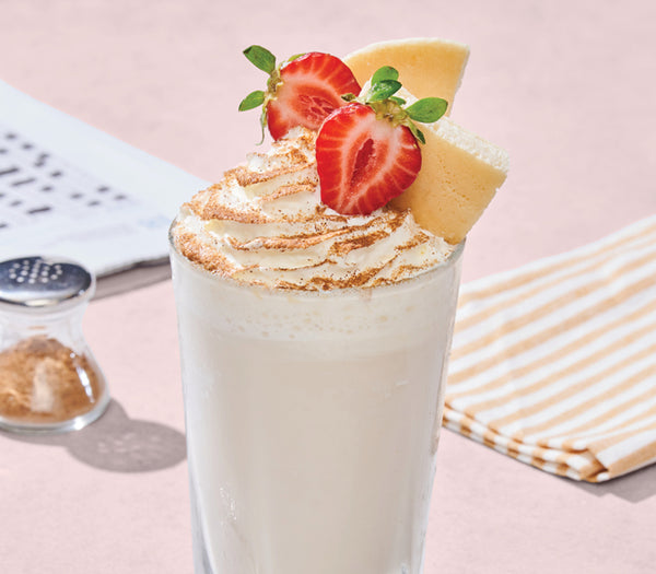 <p>A creamy maple frappé topped with pancake, fresh strawberry, a swirl of whipped cream & dusting of cinnamon sugar.<br/>1636kJ<br/></p>