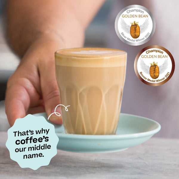 <p>Our coffee recently won 6 awards at the 2021 Golden Bean Australia Awards. With 5 bronze medals and 1 silver medal in the chain store categories our coffee is quality and we're obsessed! </p><p>Our signature blend recently won 2 bronze medals at the 2021 Golden Bean Australia Awards in the categories of best chain store milk based coffee and best chain store espresso.</p><p>That’s why Coffee's our middle name.</p>
