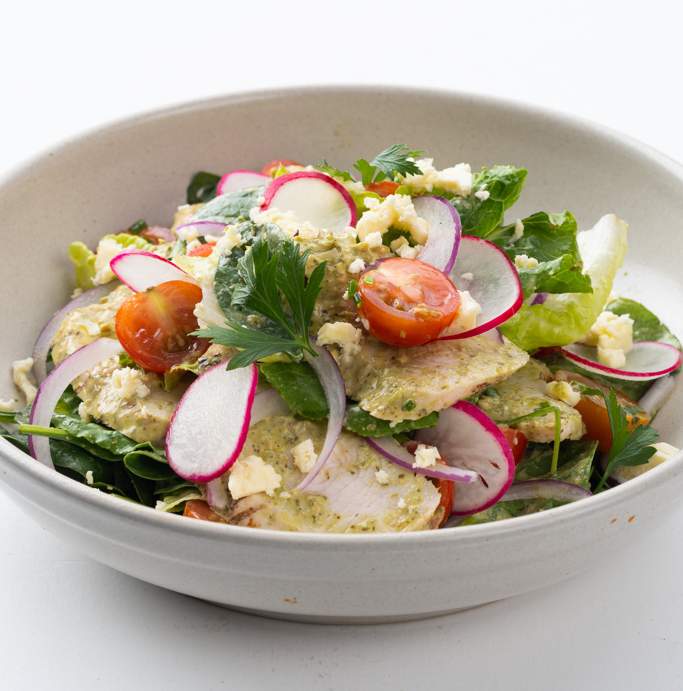 Grilled Chicken, Pesto & Feta Salad